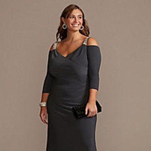 Beaded Strap Cold Shoulder Jersey Plus Size Gown